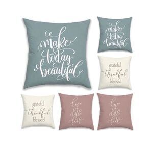 NWT 6 Graphic Inspirational Ivory Green Pink Reversible Pillow/Cushion Covers Pa